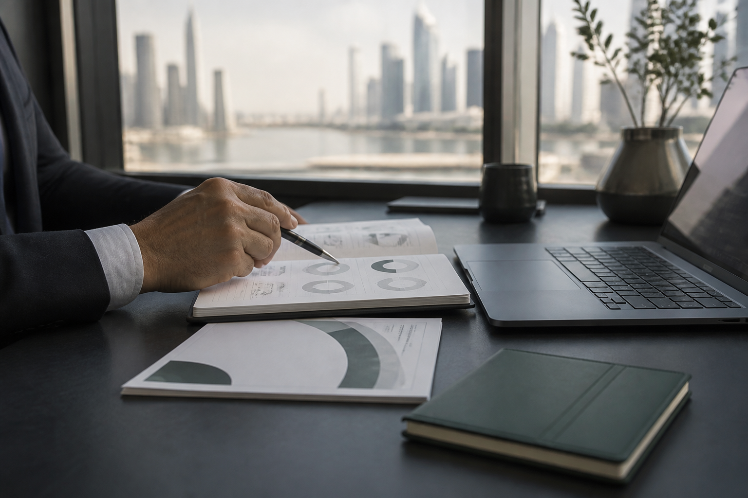 An investor reviewing research with a city skyline beyond